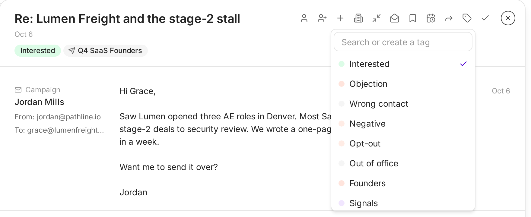 The tag menu on a thread, listing Interested, Objection, Wrong contact, Negative, Opt-out and Out of office, then the workspace tags Founders and Signals