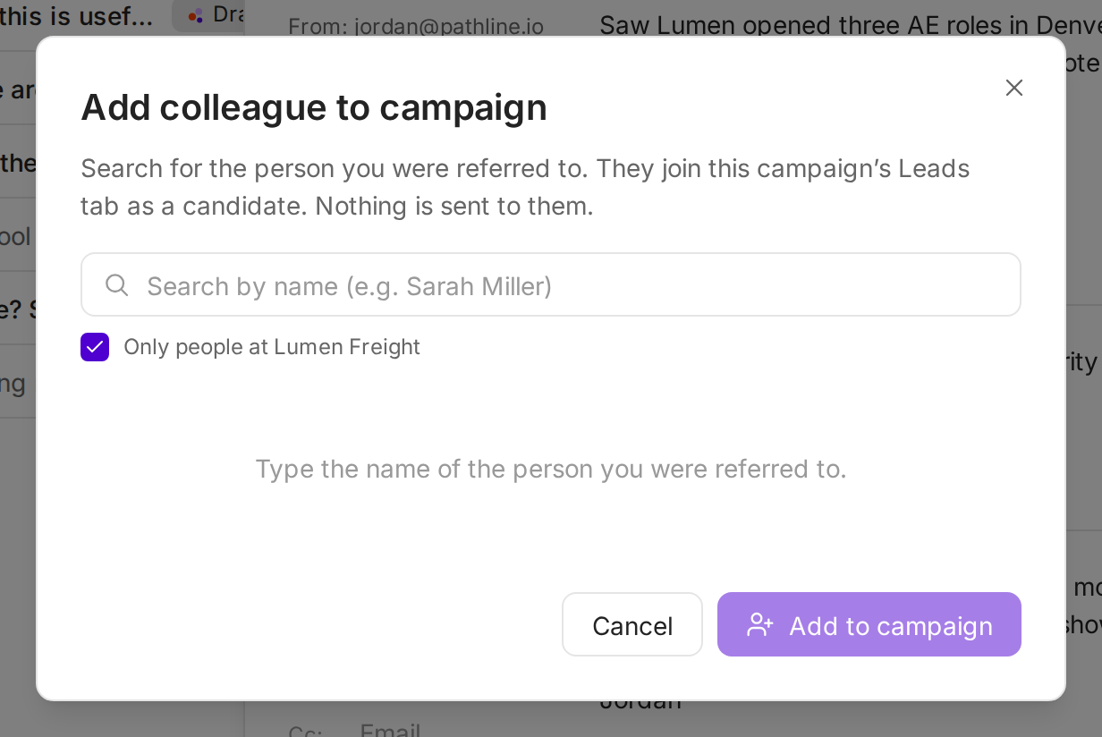 The Add colleague to campaign dialog with a name search and Only people at Lumen Freight ticked