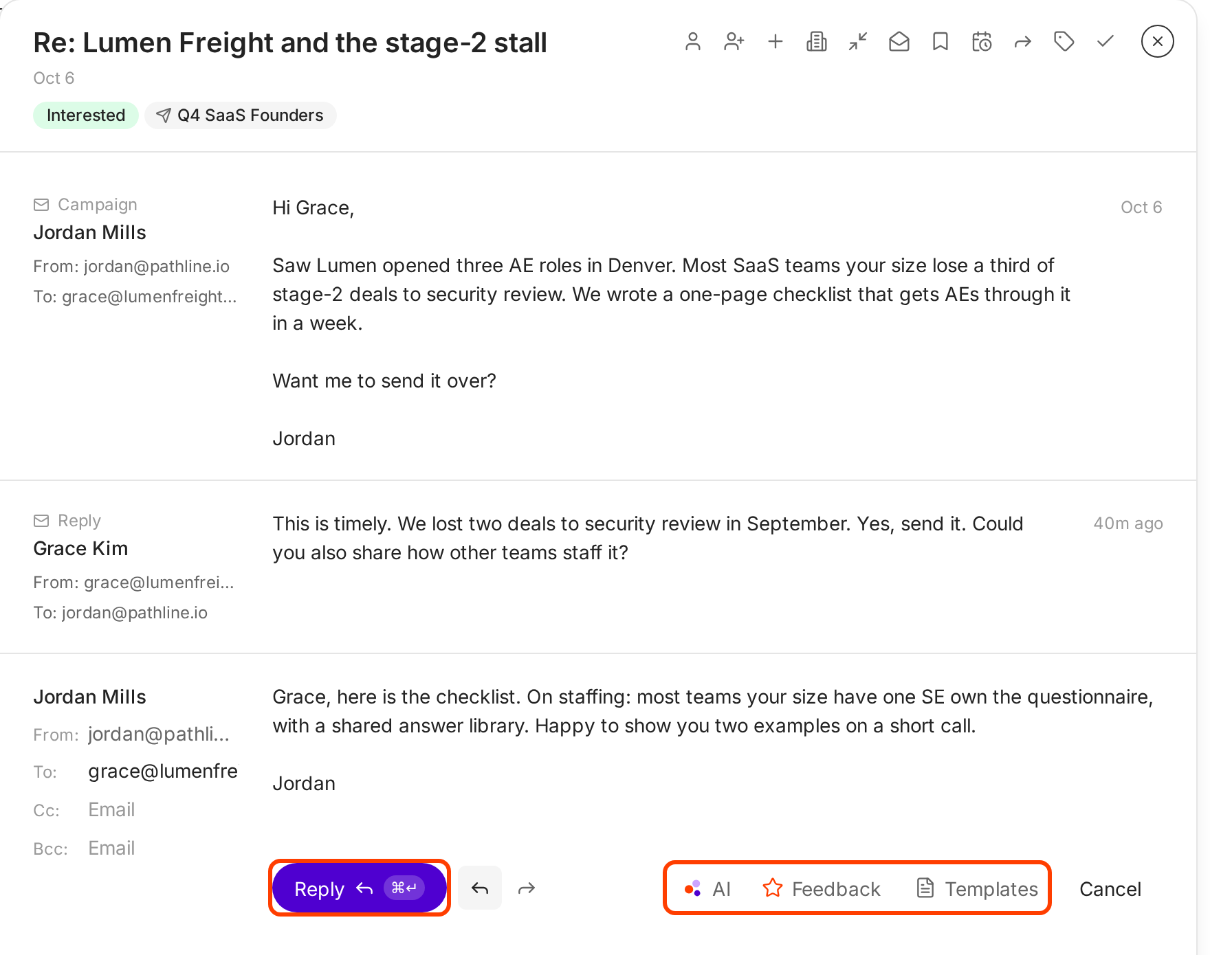 A thread with the prospect's reply and Ken's draft in the composer, with the Reply button and the AI, Feedback and Templates buttons outlined