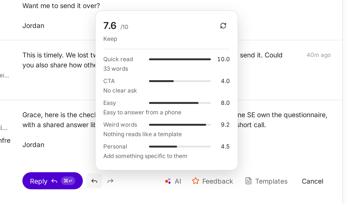 Feedback on a 33-word reply: 7.6 out of 10, Keep, with No clear ask under CTA and Add something specific to them under Personal