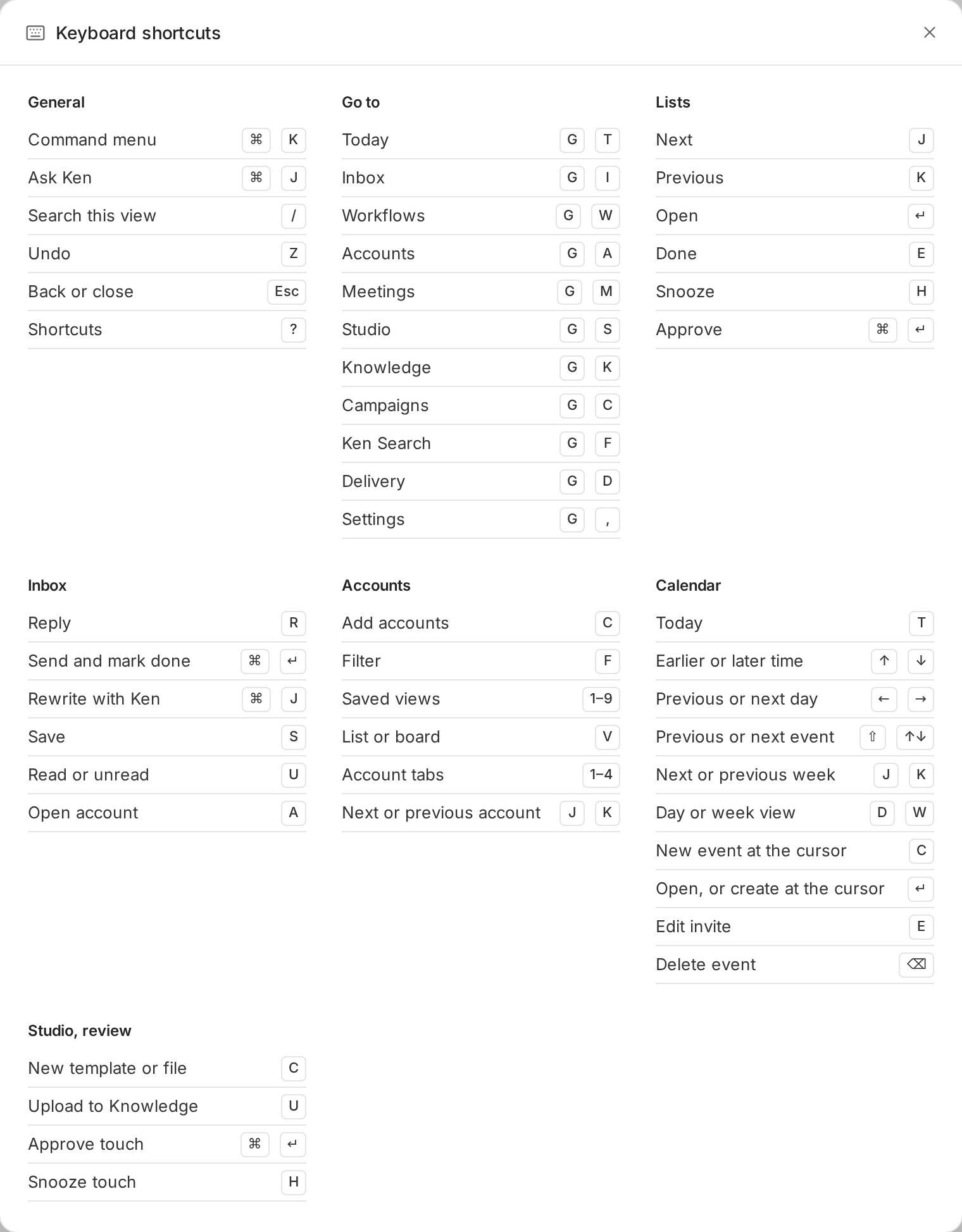 The Keyboard shortcuts sheet with the General, Go to, Lists, Inbox, Accounts, Calendar and Studio, review groups