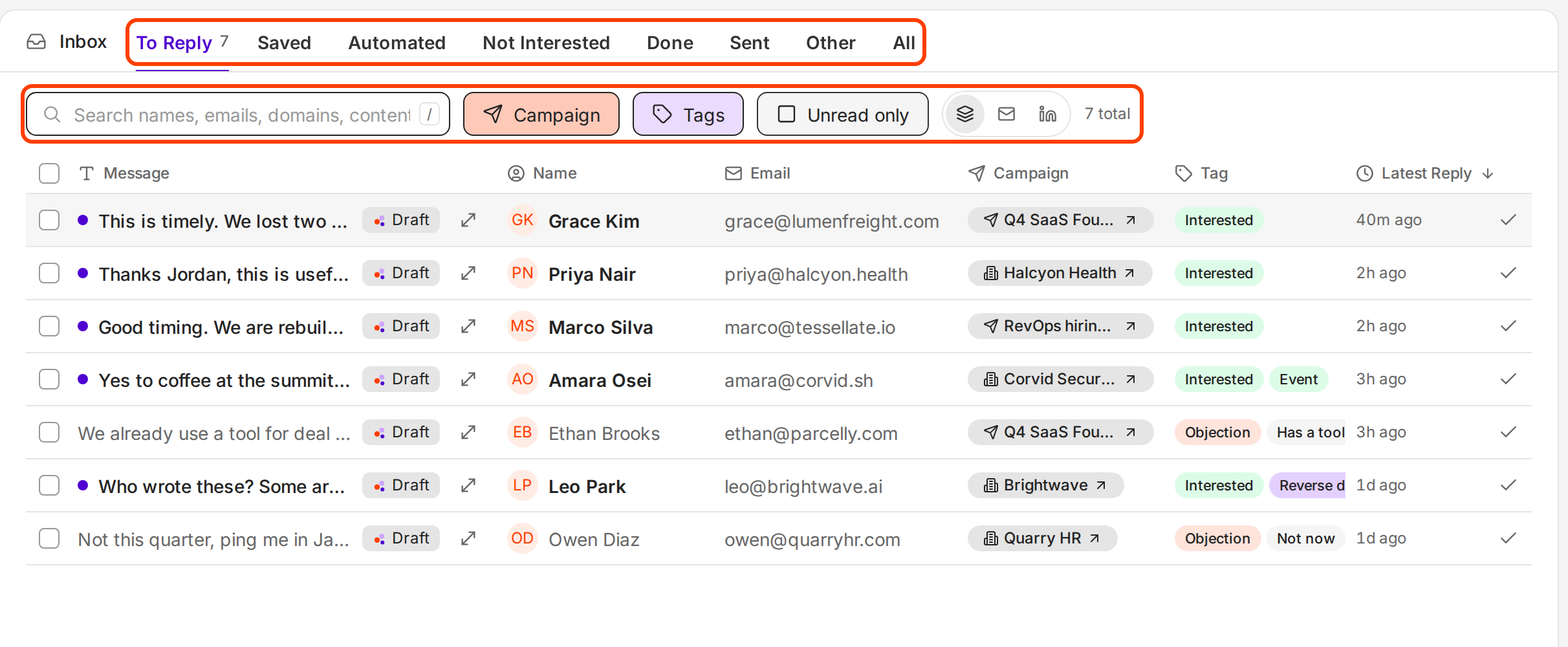 The Inbox list with the tabs outlined at the top and the search and filter row outlined under them