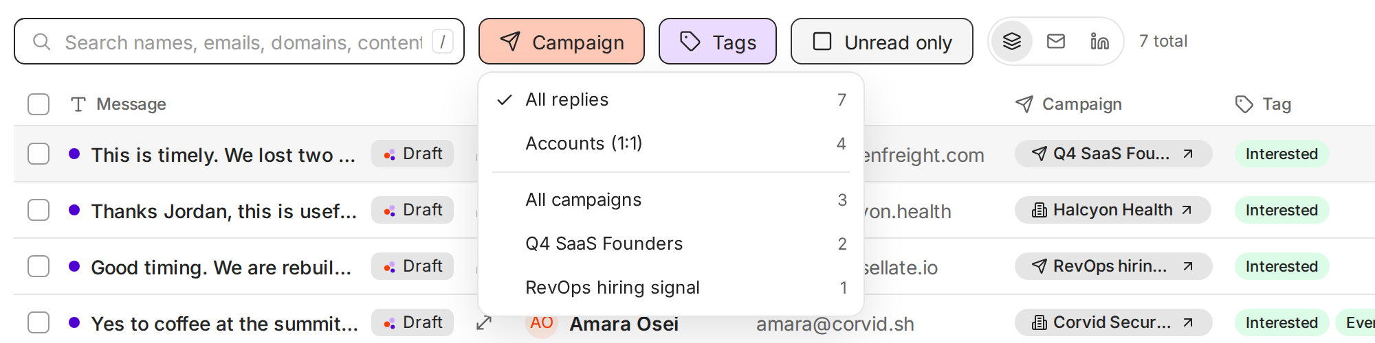 The Campaign filter open with All replies, Accounts (1:1), All campaigns, Q4 SaaS Founders and RevOps hiring signal, each with a count