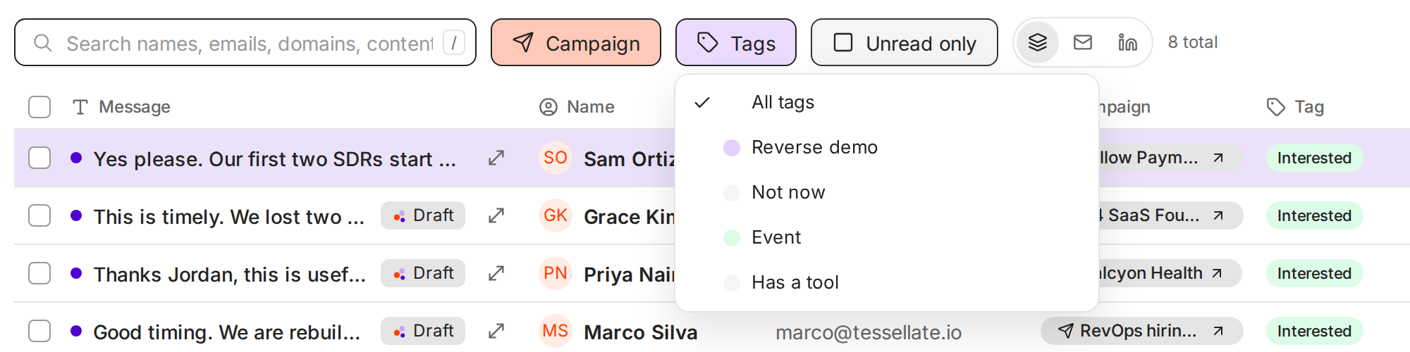 The Tags filter open with All tags, Reverse demo, Not now, Event and Has a tool