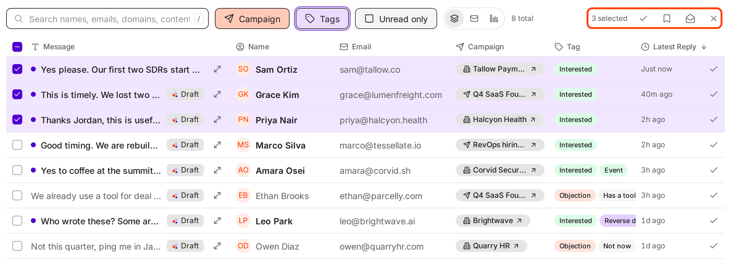 Three replies ticked in the Inbox, with the bar showing 3 selected and the Mark as done, Save, Mark as read and Clear selection buttons outlined