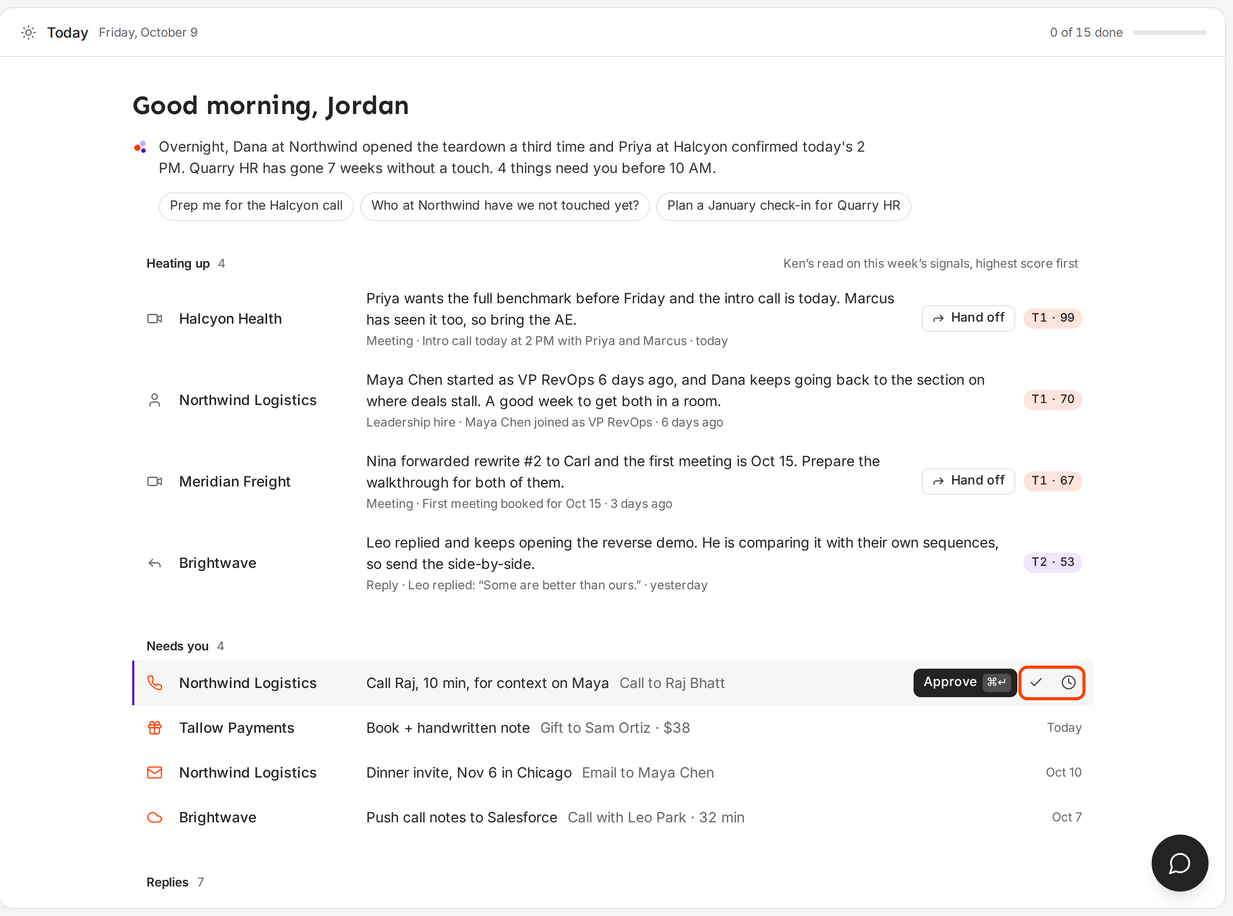 The Today page with Ken's brief, the Heating up group and the Needs you group, with the Done and Snooze buttons on the selected row outlined