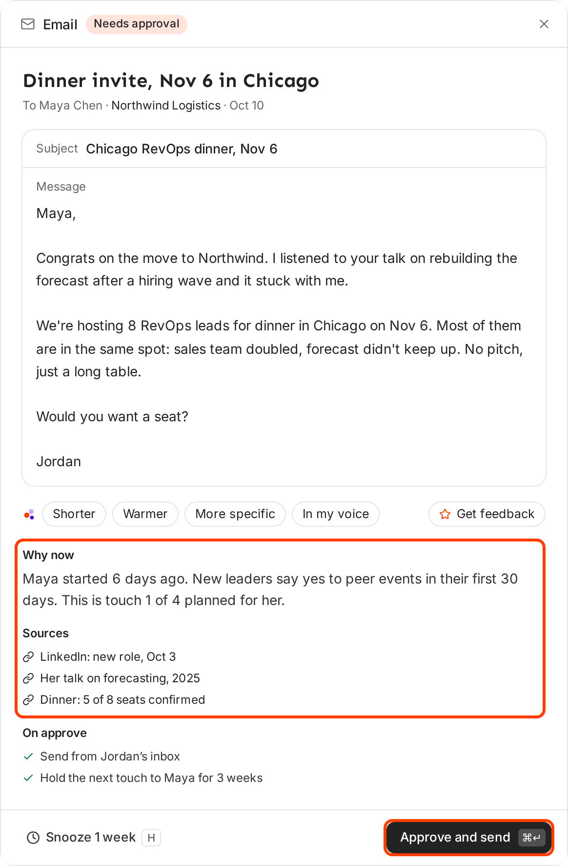 The review drawer for an email, with Why now and Sources outlined, and the Approve and send button outlined