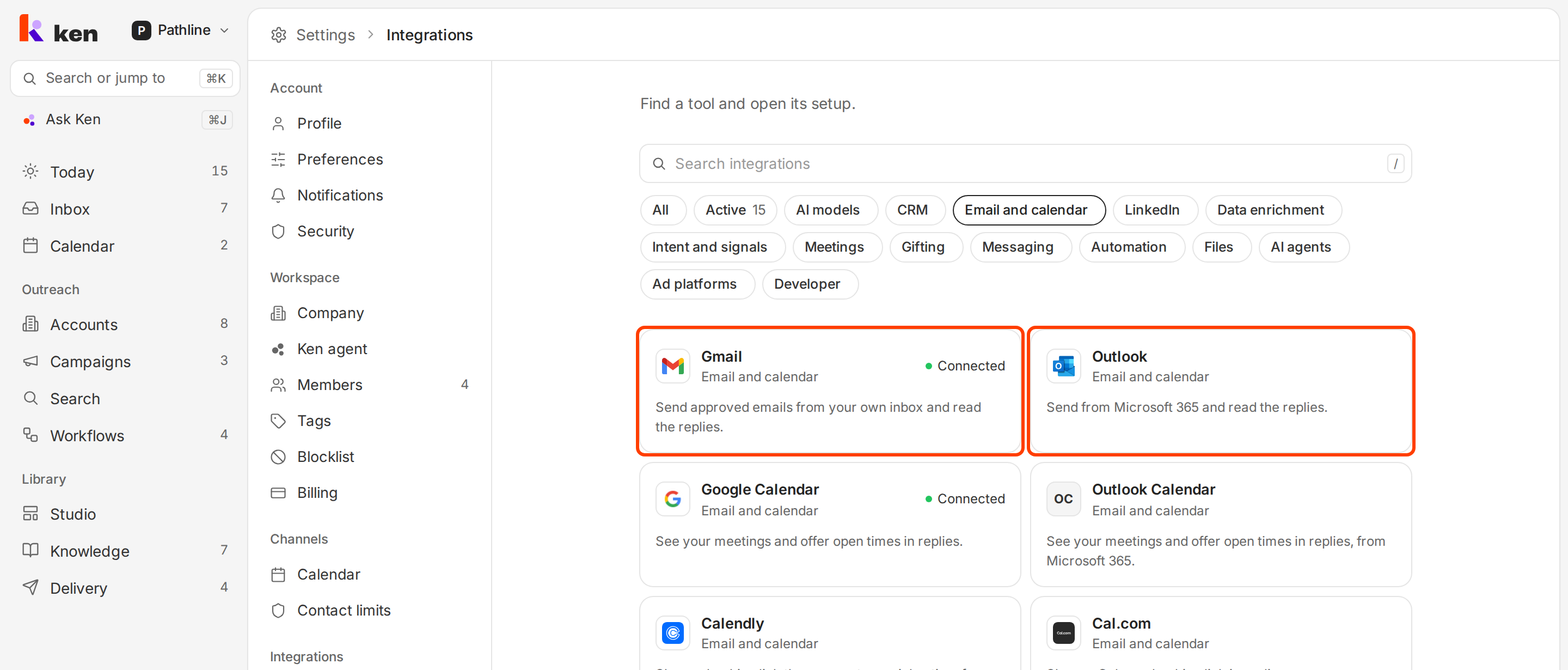 The Email and calendar integrations, with the Gmail and Outlook cards outlined