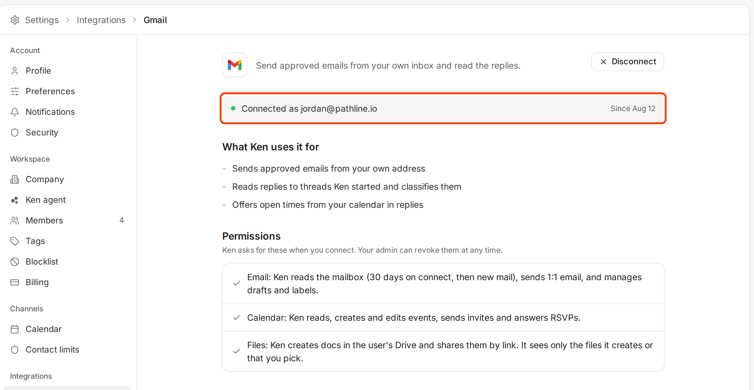 The Gmail page with Connected as jordan@pathline.io outlined, then What Ken uses it for and Permissions