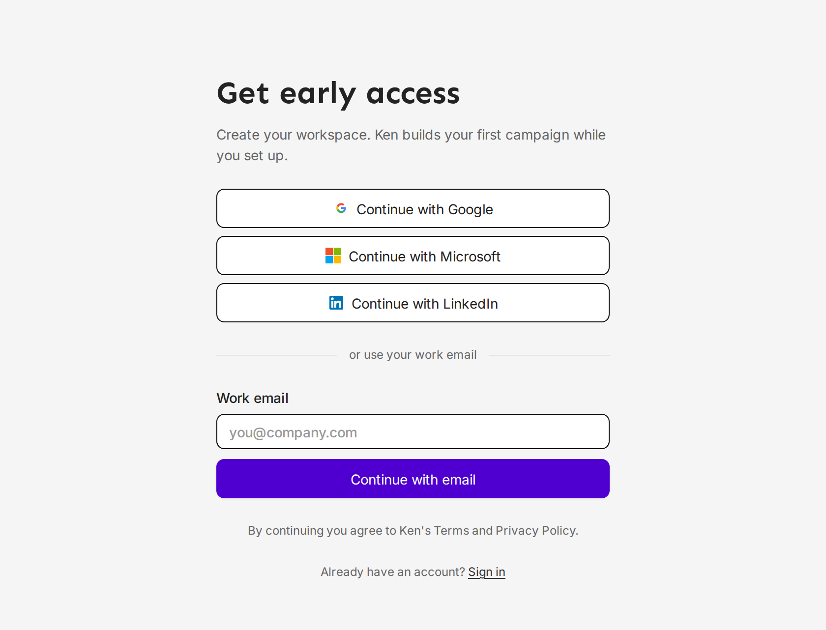 The Get early access page with Google, Microsoft and LinkedIn buttons and a Work email field