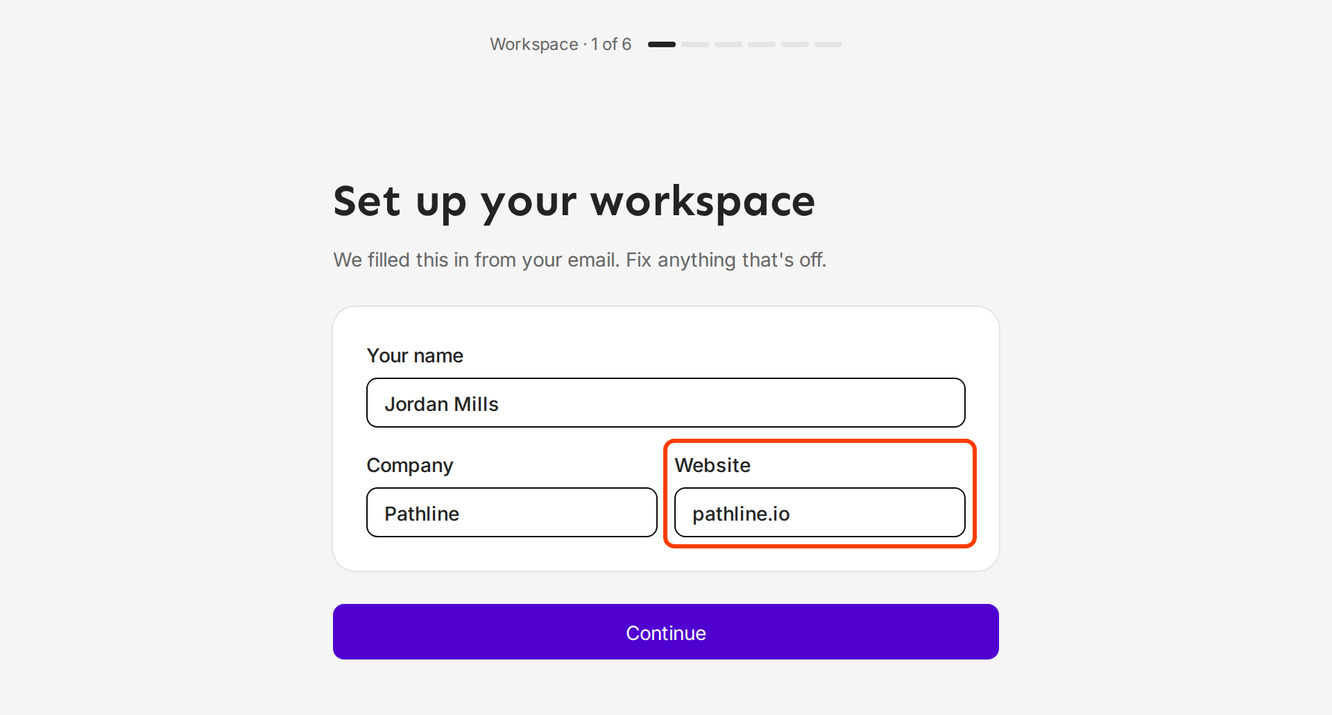 Set up your workspace with name, company and website filled in. The Website field is outlined