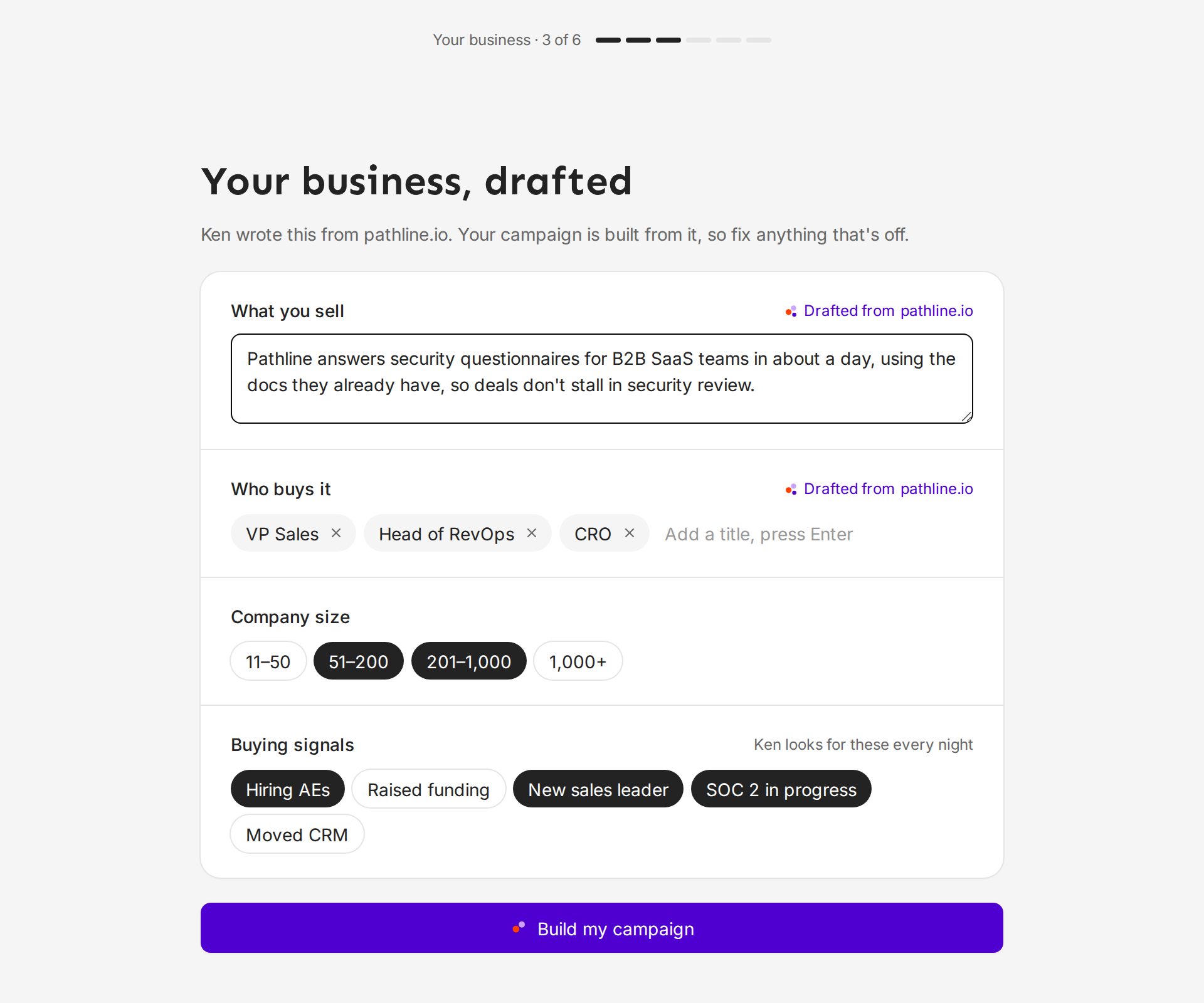 Your business, drafted, with what you sell, buyer titles, company sizes and buying signals