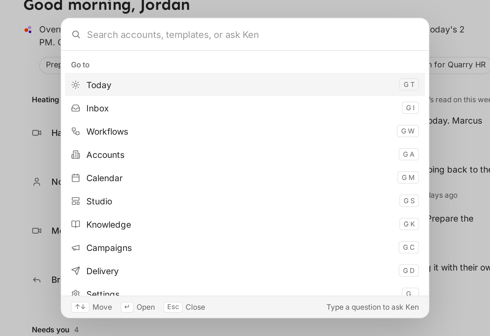 The command menu open over Today, with the Go to list and the shortcut for each screen