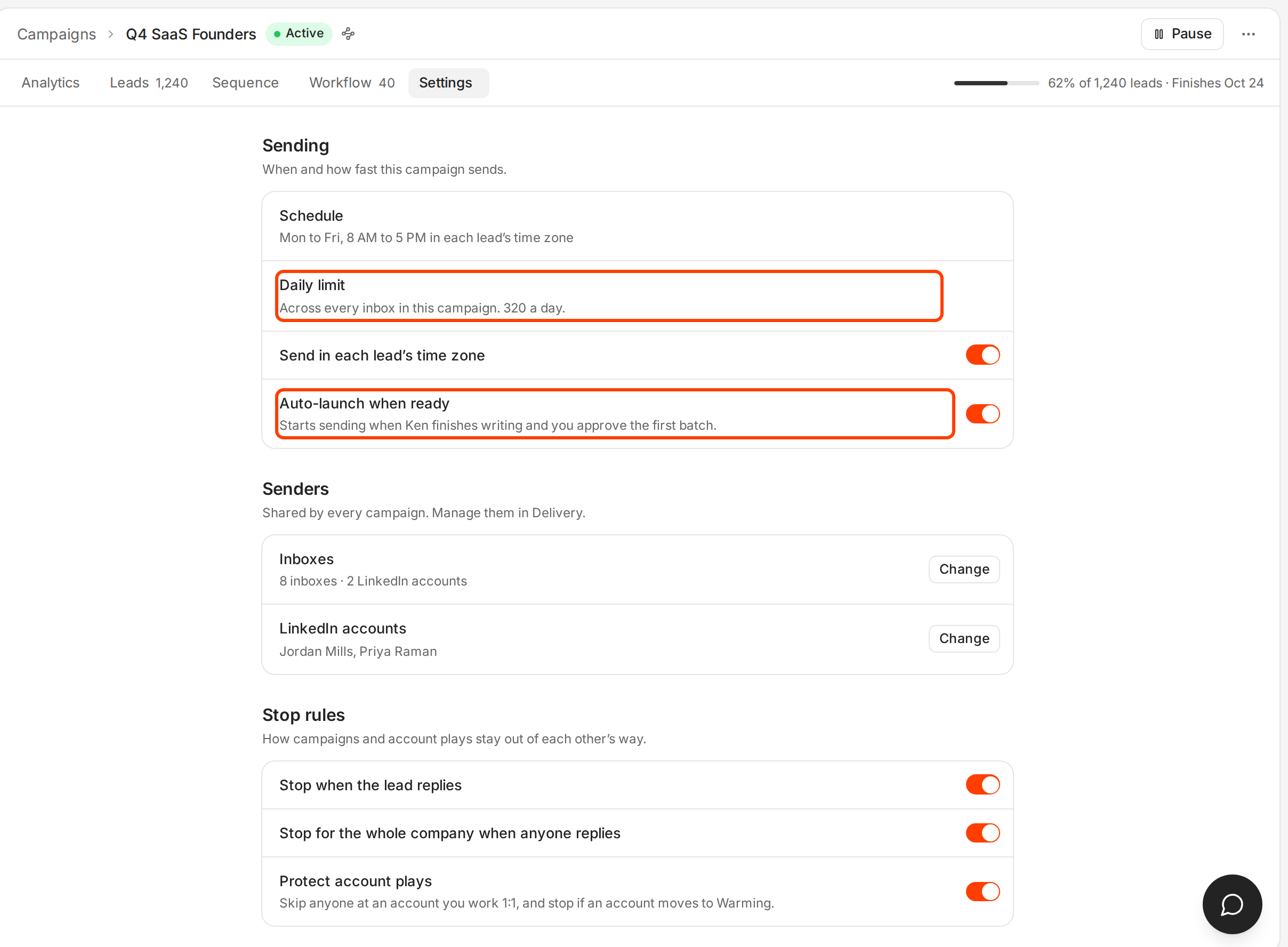 The campaign Settings tab with Schedule, Daily limit and Auto-launch when ready. Daily limit and Auto-launch are outlined