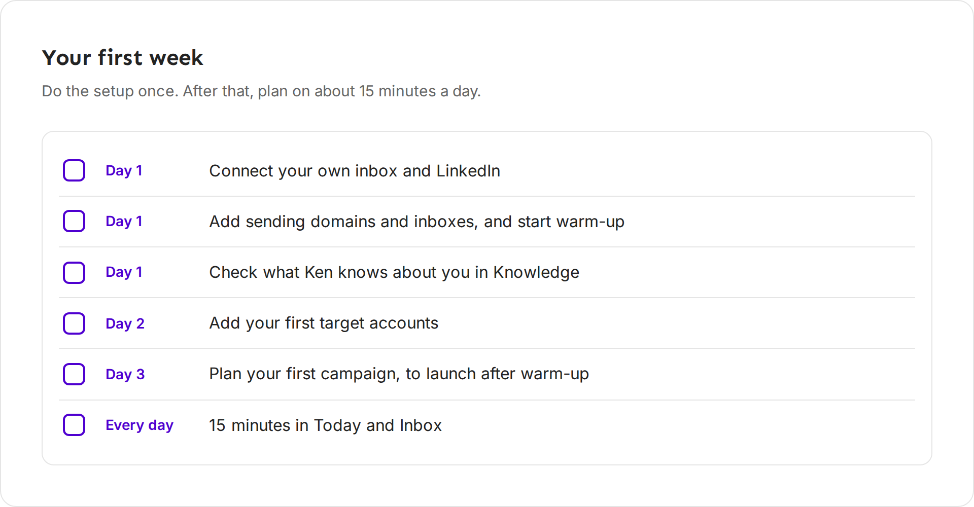 A checklist for the first week. Day 1 connect your inbox, add sending domains and start warm-up, check Knowledge. Day 2 add target accounts. Day 3 plan a campaign. Every day 15 minutes in Today and Inbox