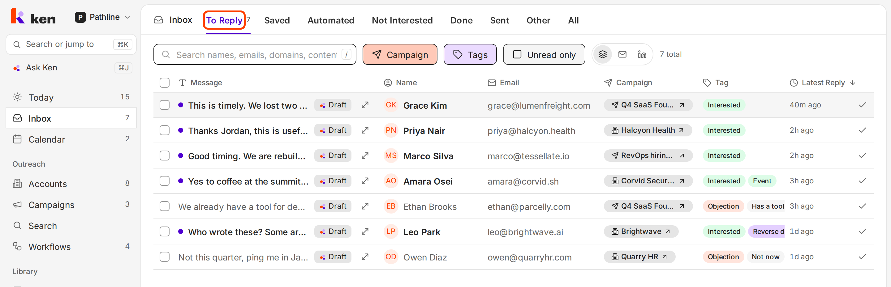 Inbox on the To Reply tab, outlined, with seven replies. Each shows a Draft tag, the campaign or account and a classification such as Interested or Objection