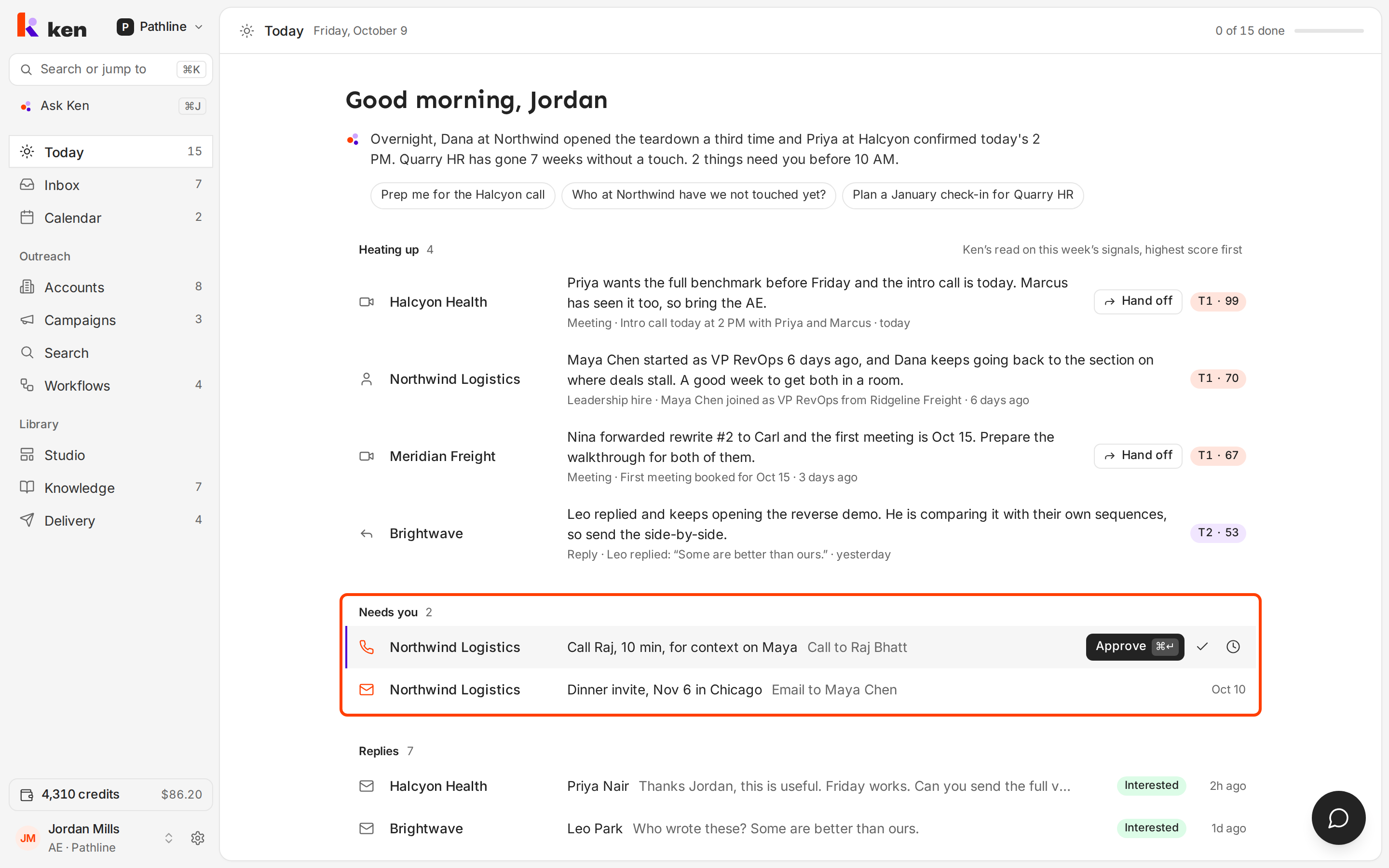 The Ken app with the sidebar on the left and Today open. The Needs you group is outlined