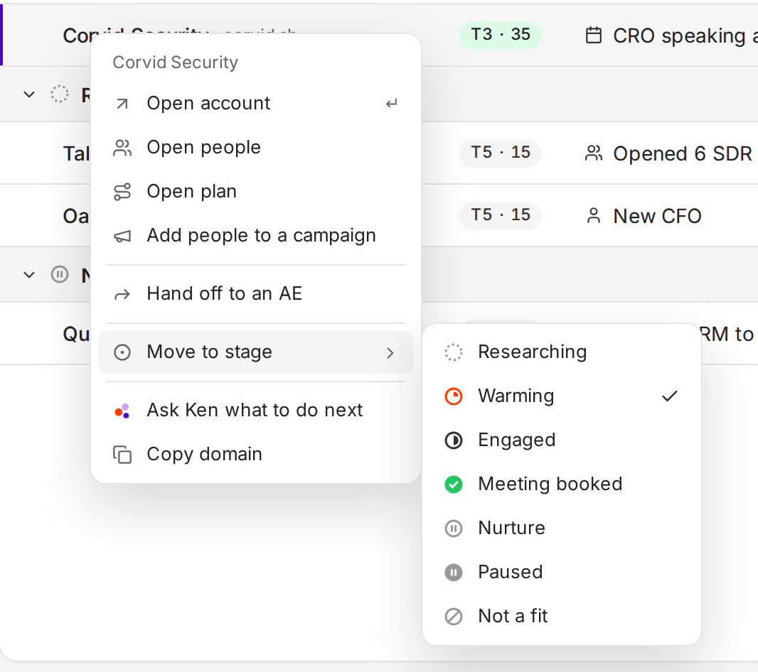 The right-click menu on an account with Move to stage open, listing all seven stages