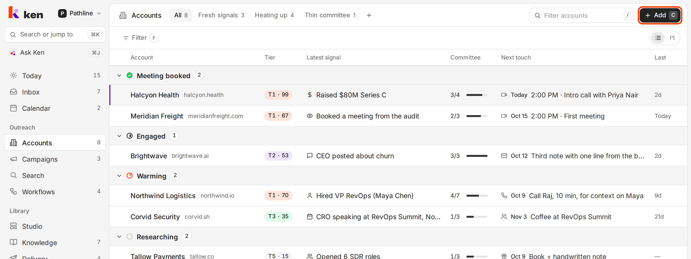 The Accounts list grouped by stage, with the Add button outlined