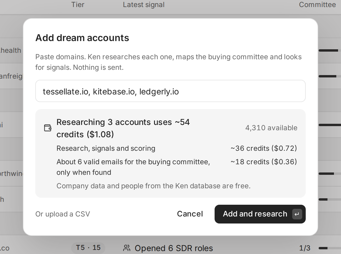Add dream accounts dialog with three domains and an estimate of about 54 credits
