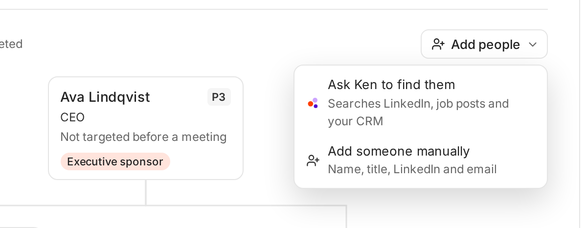 The Add people menu with two options: Ask Ken to find them, and Add someone manually