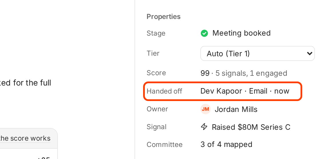 The Properties panel after the hand-off, with the Handed off row, Dev Kapoor · Email · now, outlined. Owner is still Jordan Mills