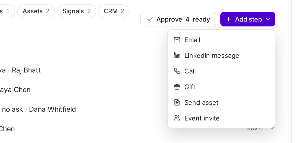 The Add step menu: Email, LinkedIn message, Call, Gift, Send asset and Event invite