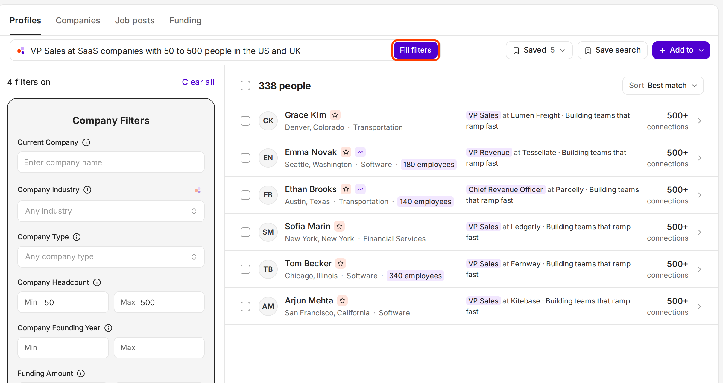 Search on Profiles with a one-sentence audience typed in the prompt box, Fill filters outlined, and Company Filters with headcount 50 to 500