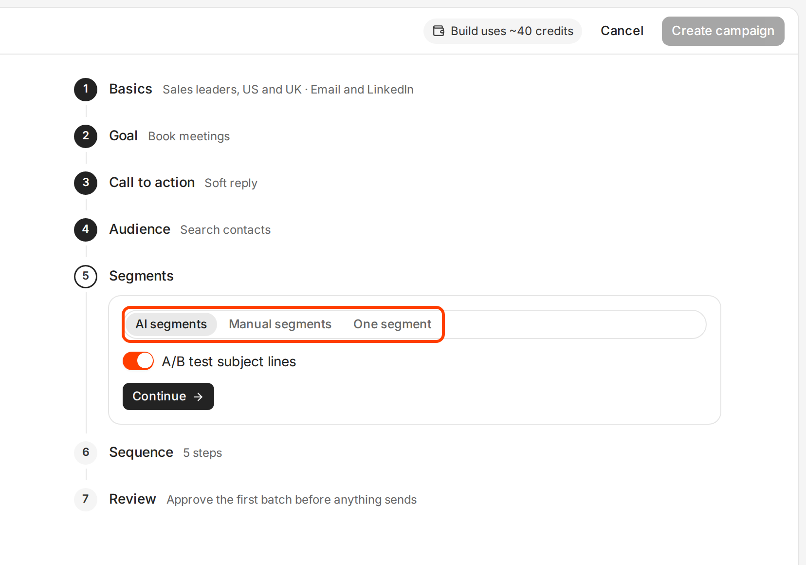 The campaign builder on the Segments step, showing AI segments, Manual segments and One segment