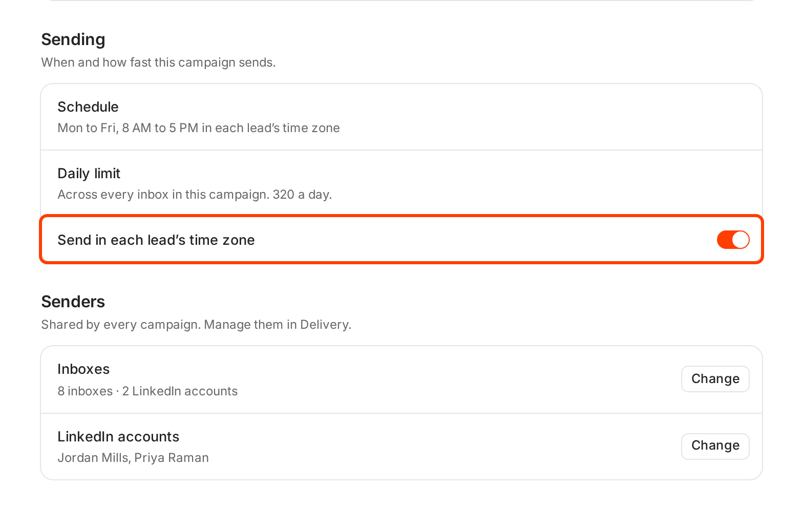 The Sending card with Schedule "Mon to Fri, 8 AM to 5 PM in each lead's time zone", Daily limit "320 a day", and the switch Send in each lead's time zone outlined. Below it, the Senders card with 8 inboxes and 2 LinkedIn accounts.