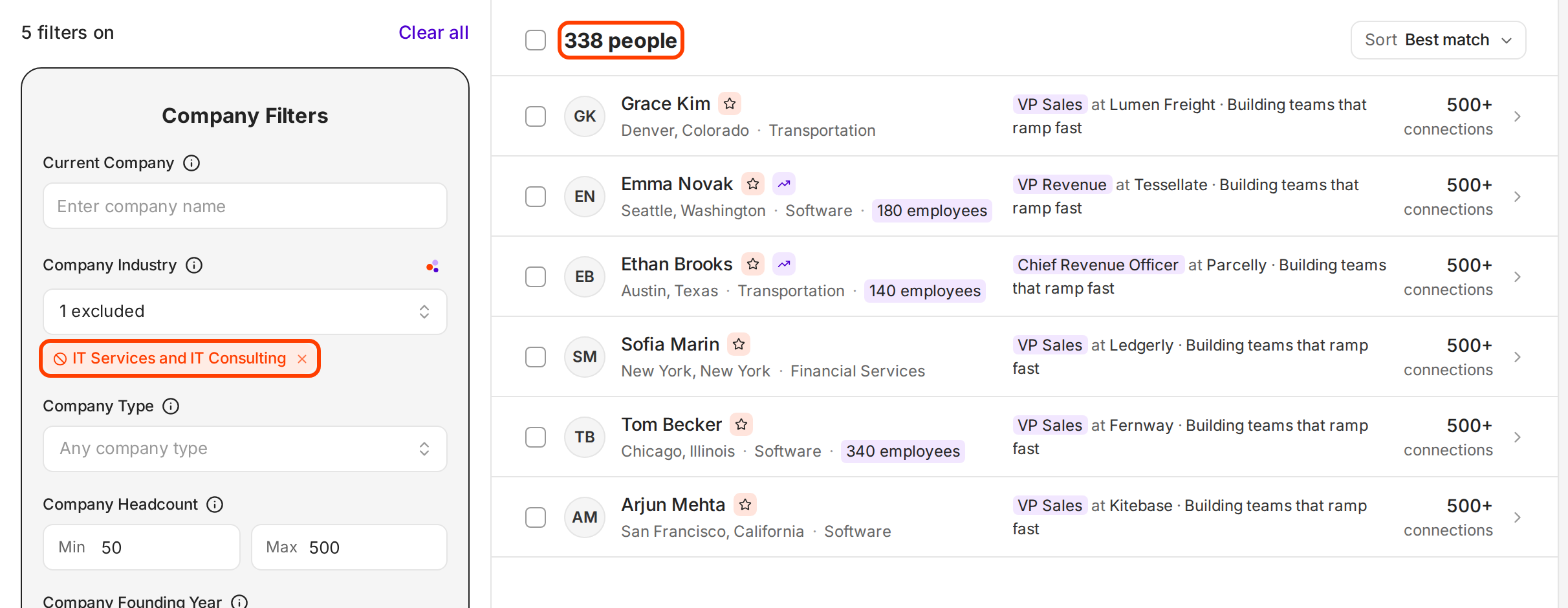 Search with IT Services and IT Consulting excluded in Company Industry, shown as a red chip, and the count of 338 people at the top of the results