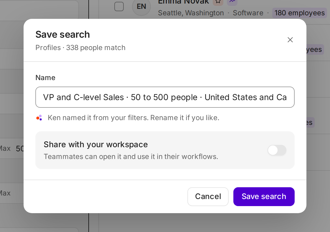 The Save search dialog with the name Ken suggested, the Share with your workspace switch and the Save search button