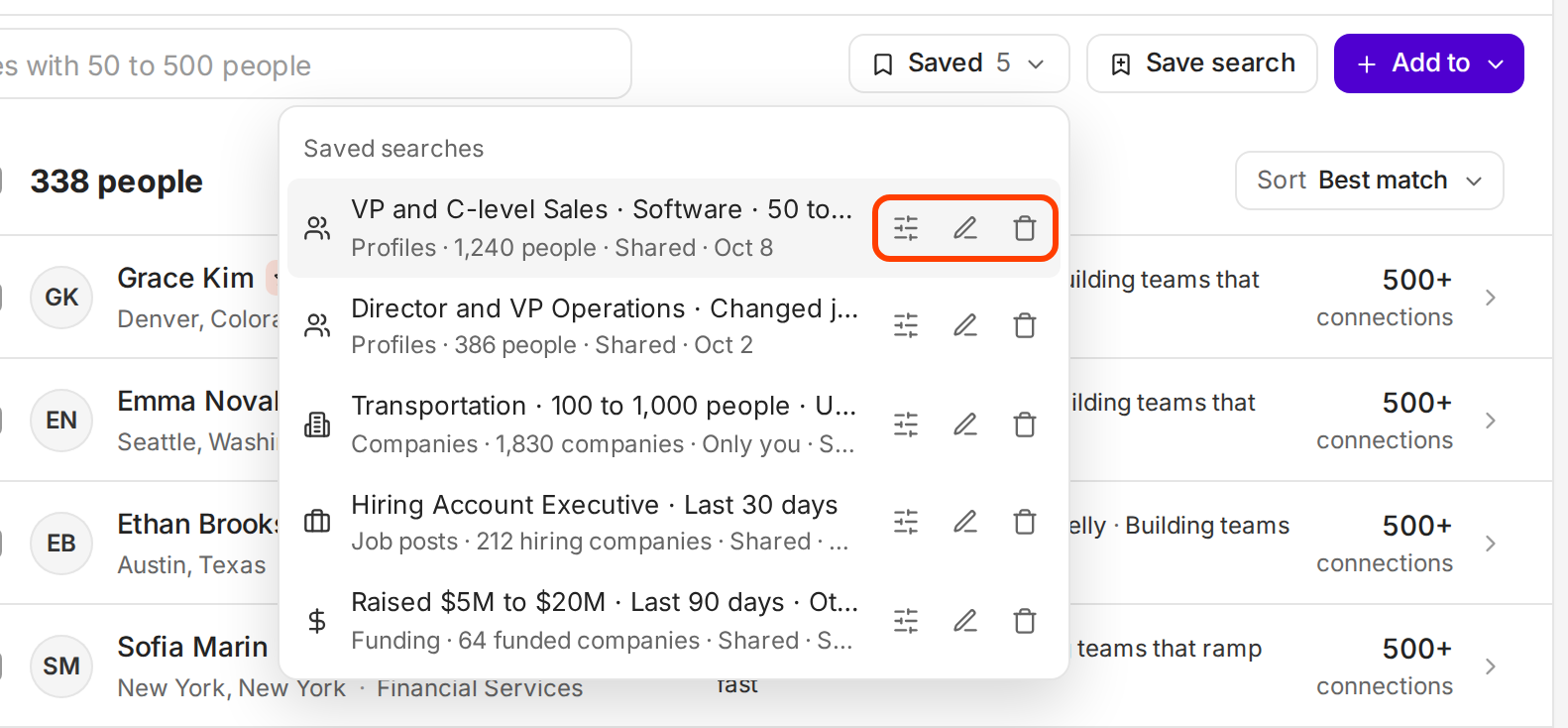 The Saved list with five searches and the Edit filters, Rename and Delete buttons outlined on the first row