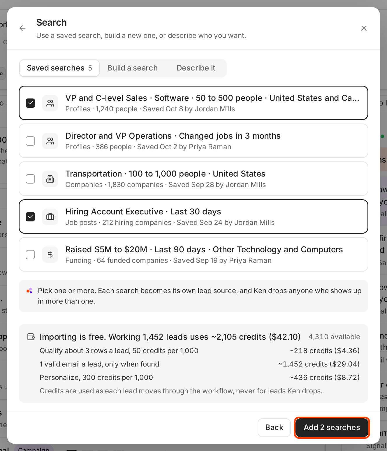 Import leads, Search source, with two saved searches ticked, the estimate of credits per lead, and the Add 2 searches button outlined