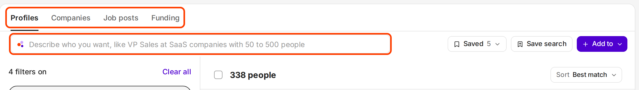 Search with the Profiles, Companies, Job posts and Funding tabs outlined, and the box where you describe who you want