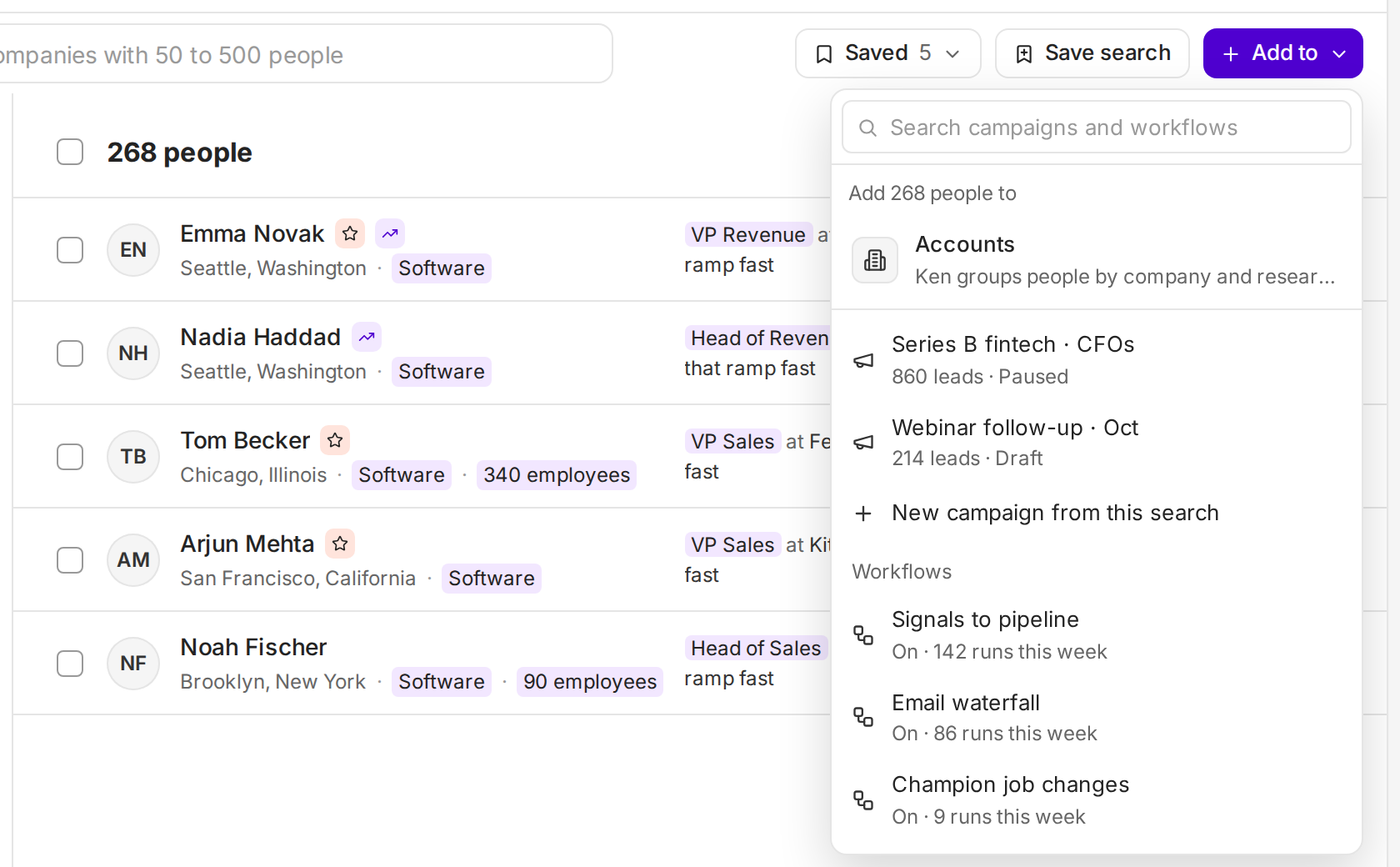 The Add to menu with Accounts, the end of the campaign list, New campaign from this search, and the Workflows group