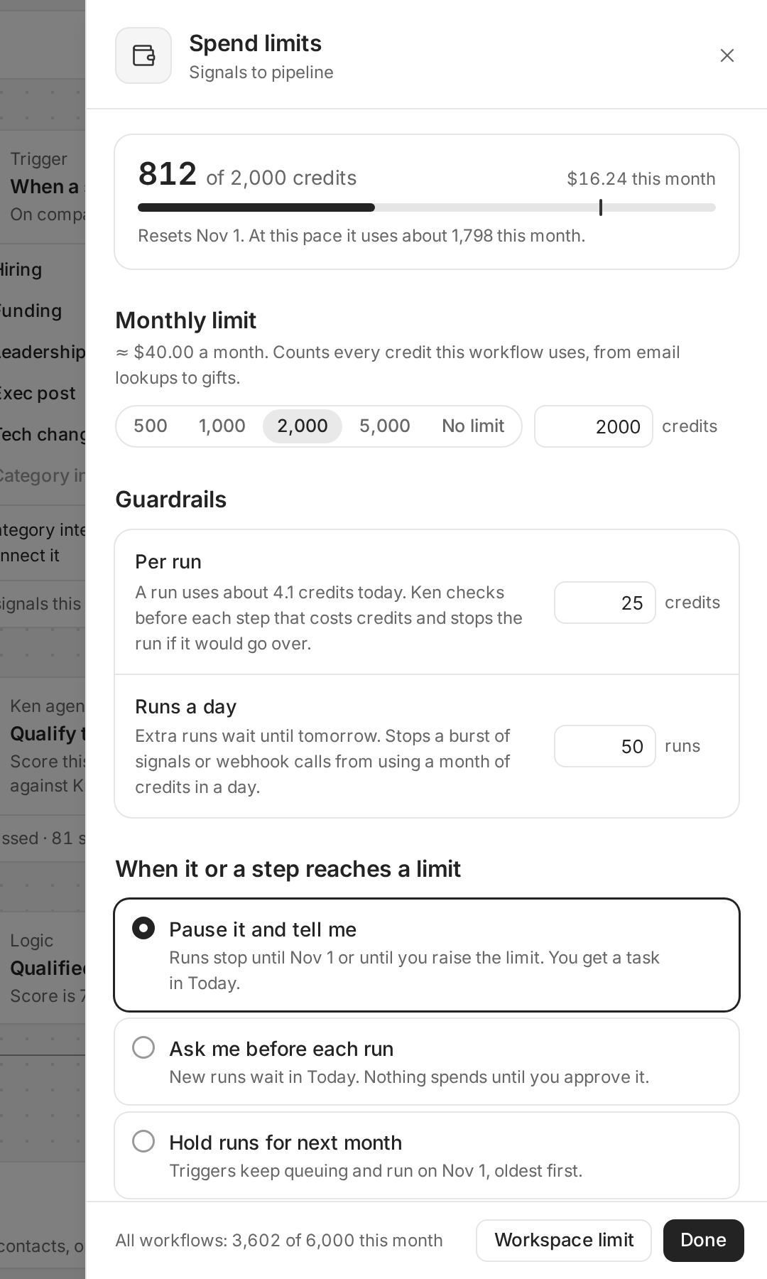 The Spend limits panel for one workflow: credits used this month, Monthly limit, Guardrails with Per run and Runs a day, and the three choices for when it reaches a limit