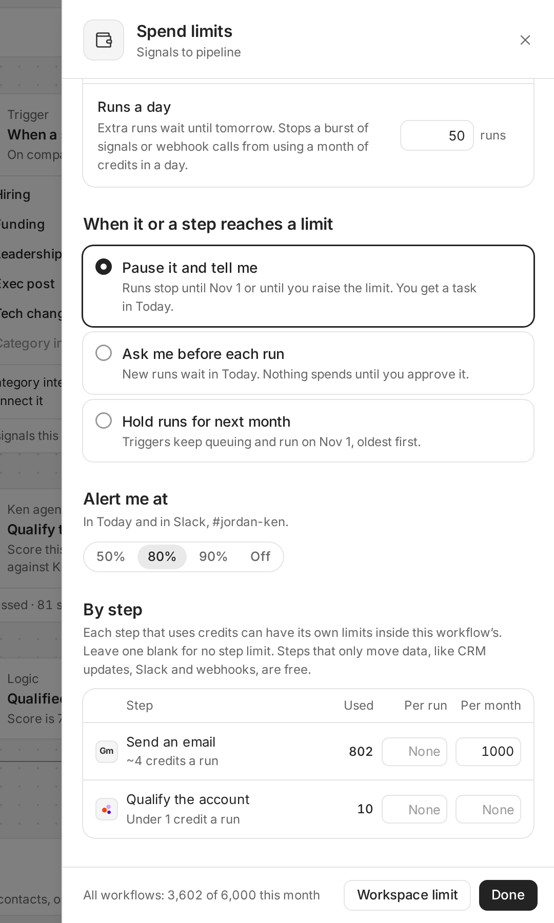 The bottom of the panel: Alert me at, and the By step table with Send an email and Qualify the account, what each used and their limits
