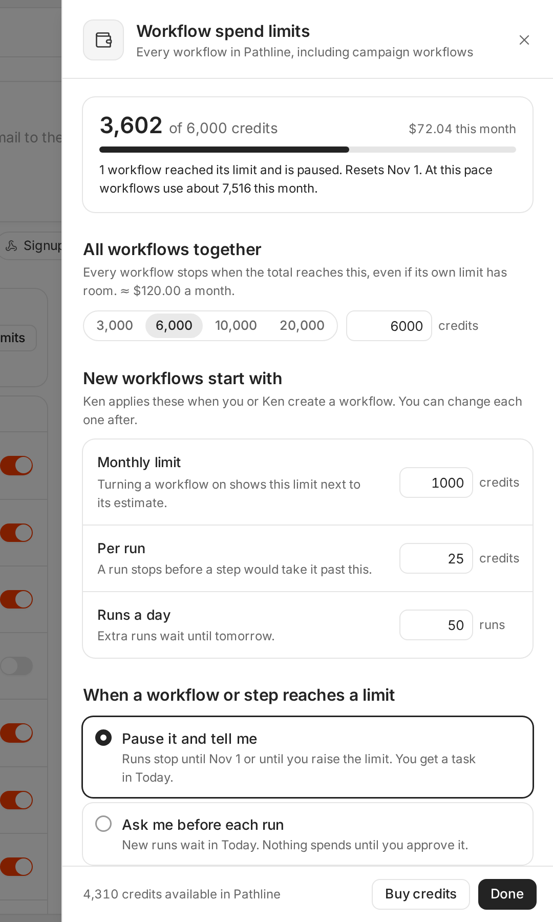 The Workflow spend limits panel: credits used by all workflows, All workflows together, New workflows start with, and the rule at the limit