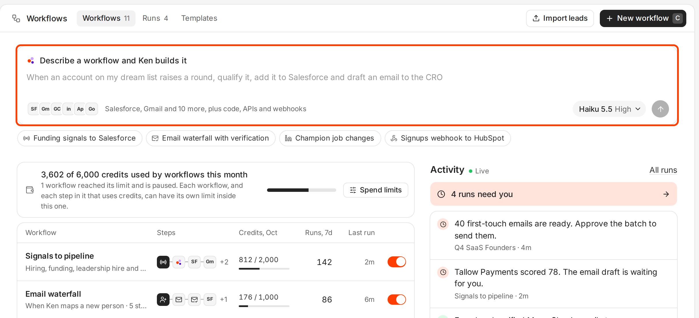 The Workflows page with the Describe a workflow and Ken builds it box outlined, the idea buttons under it, the spend card, the list of workflows and Activity