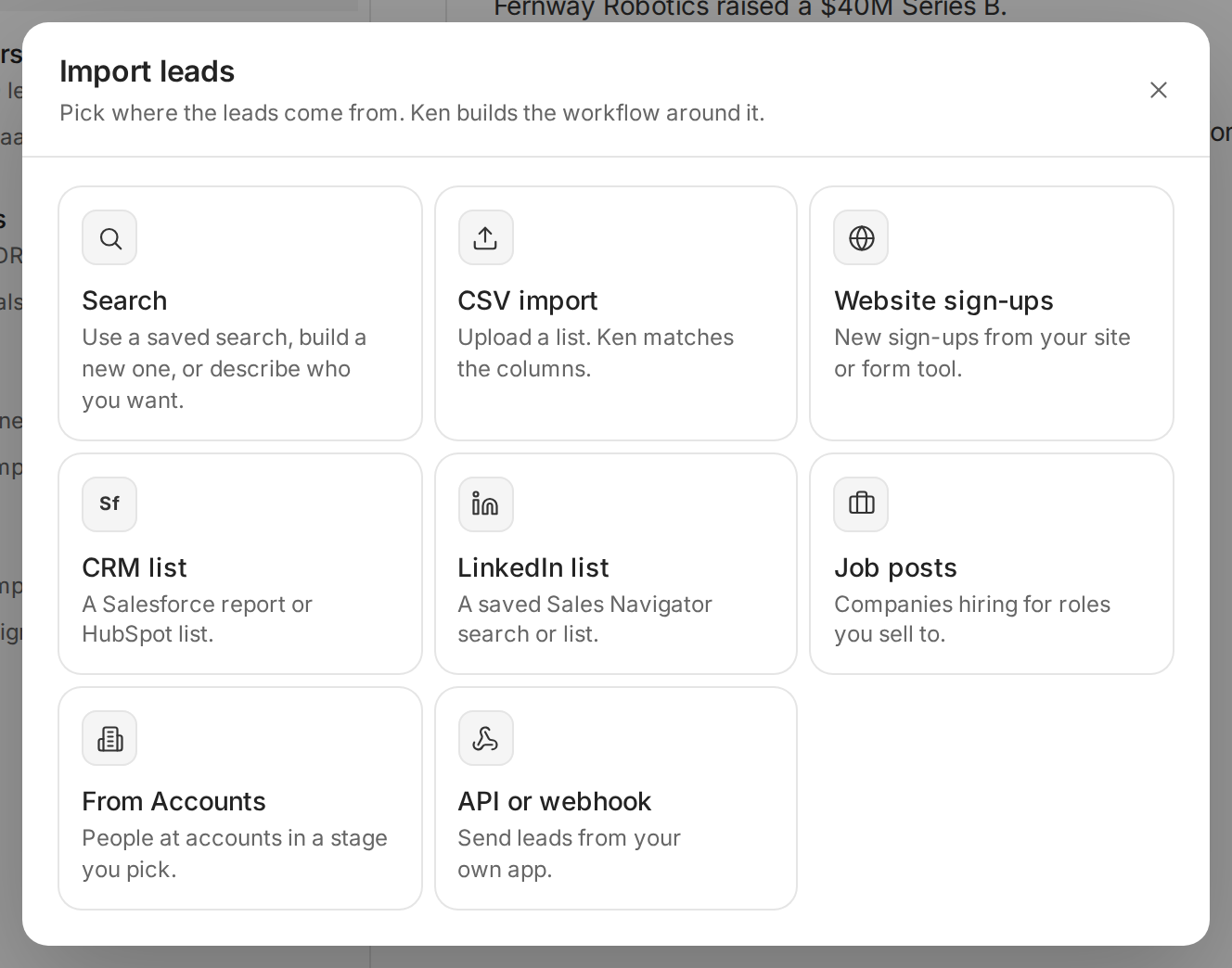 The Import leads dialog with eight sources: Search, CSV import, Website sign-ups, CRM list, LinkedIn list, Job posts, From Accounts and API or webhook