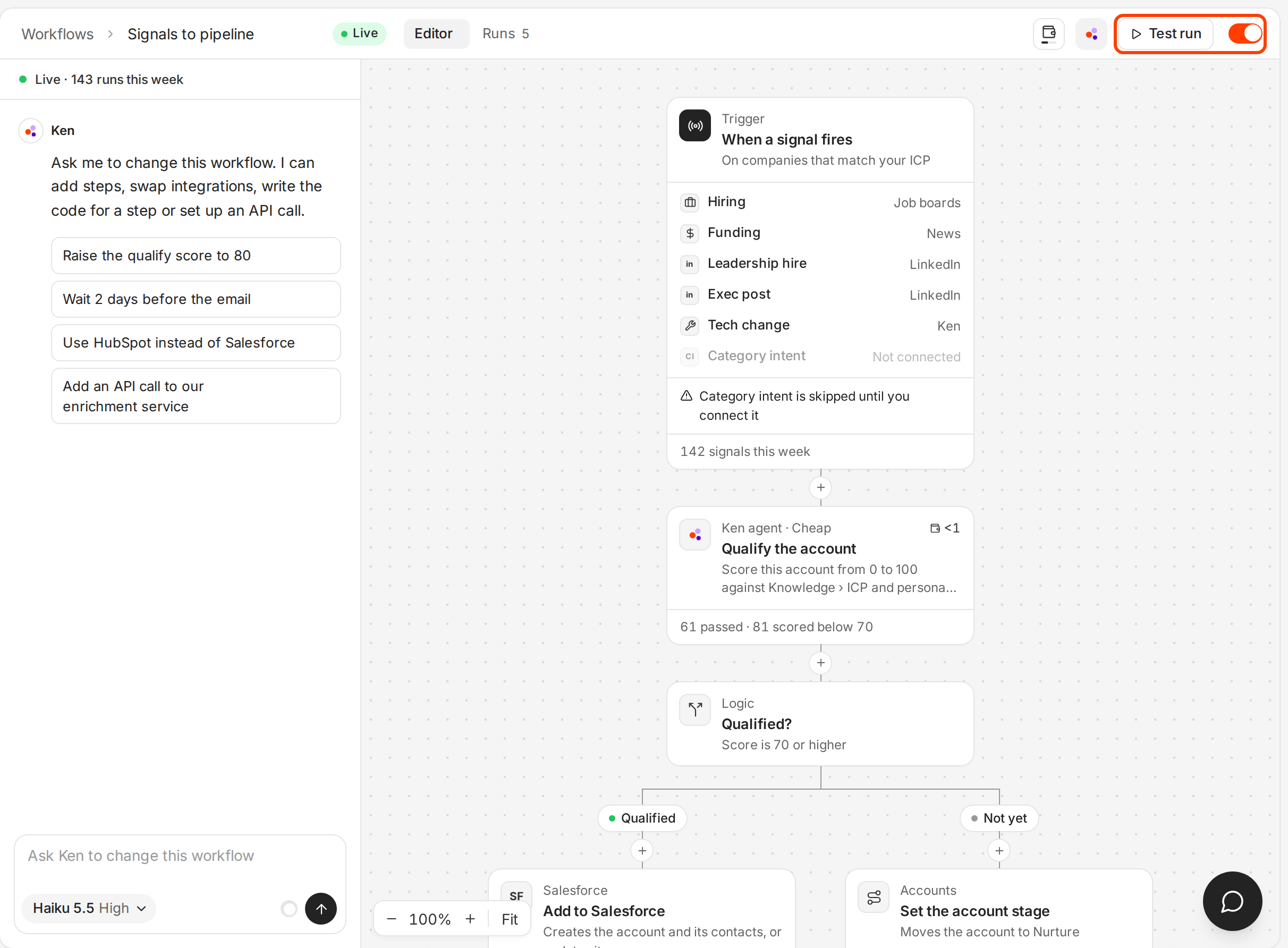 A live workflow in the editor with the Test run button and the Live switch outlined at the top right