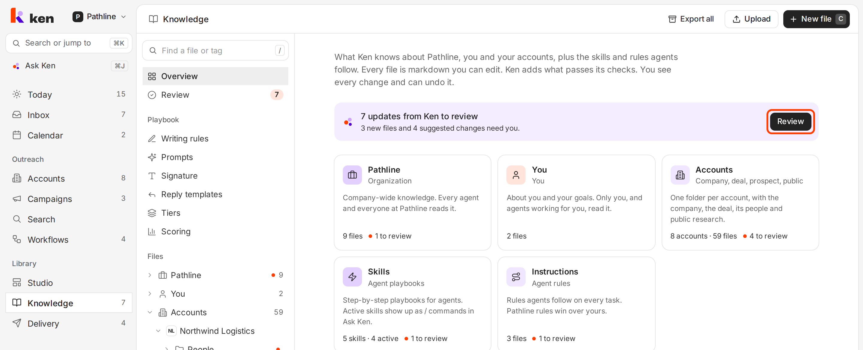 Knowledge Overview with the Review button in the updates banner outlined