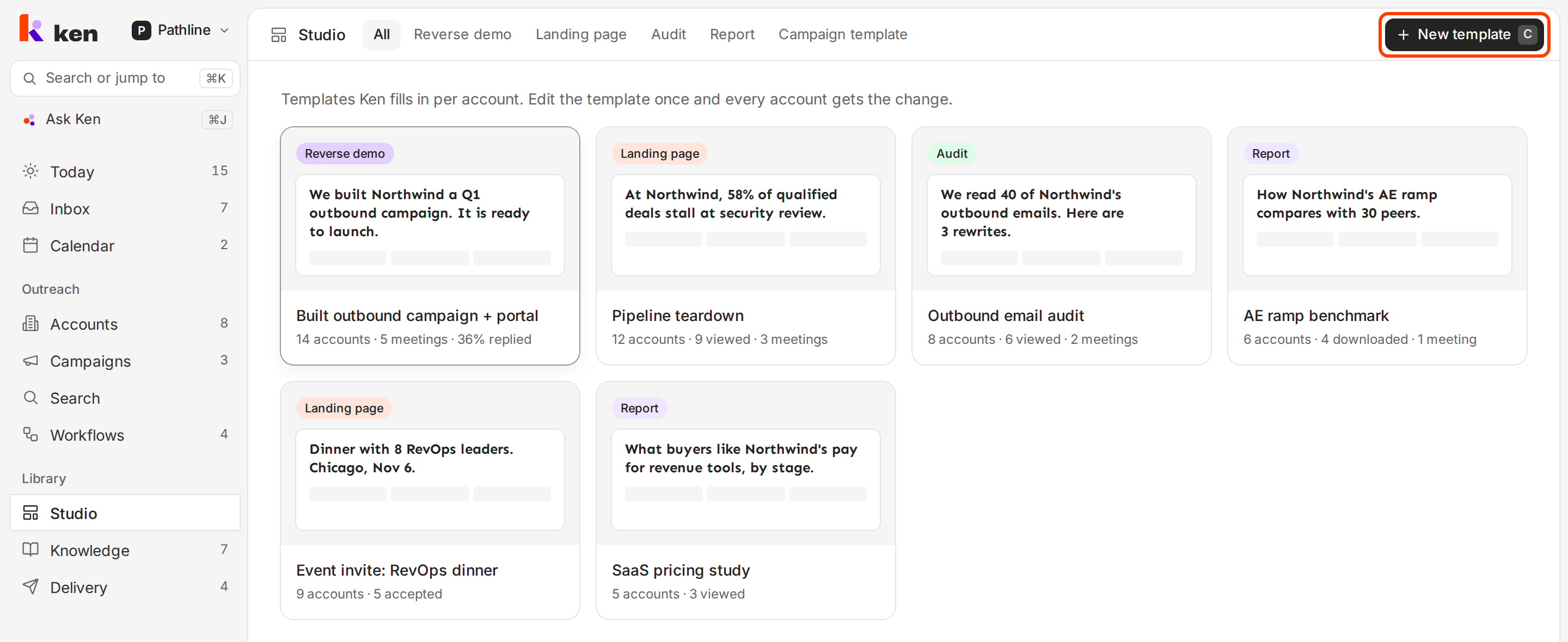 The Studio template grid with type tabs and the New template button outlined