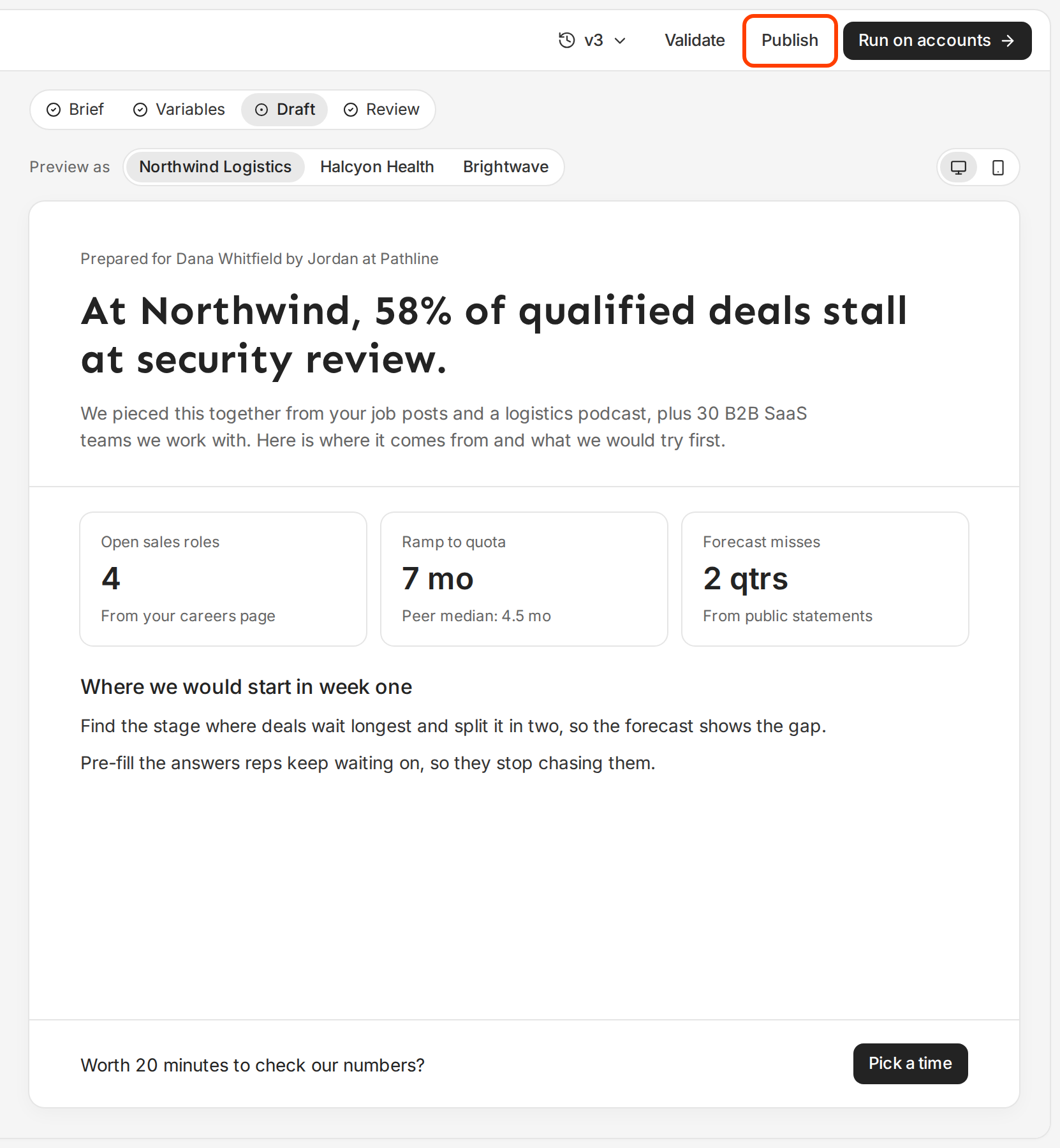 The template builder on the Draft step, with Preview as accounts above the page and the Publish button outlined