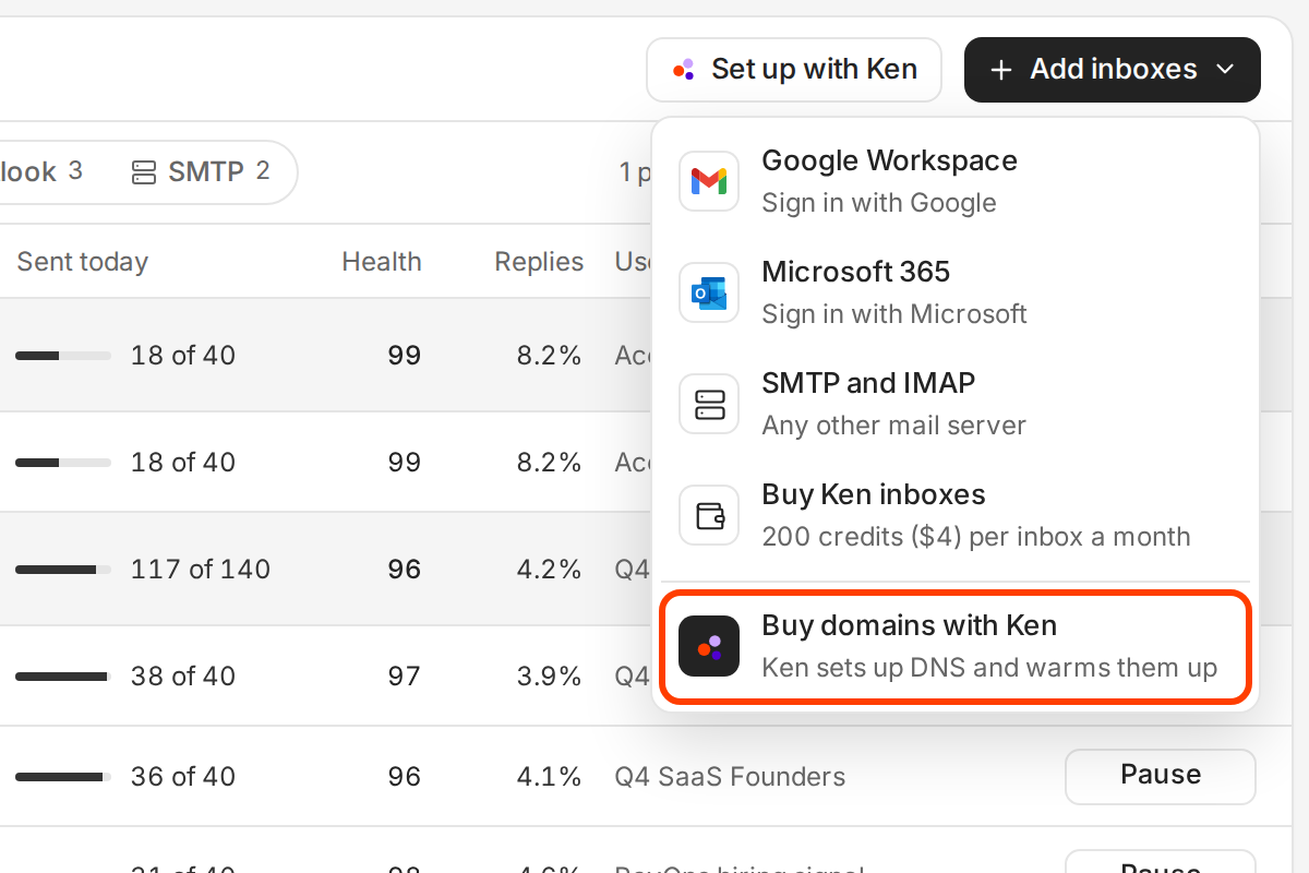 The Add inboxes menu on Delivery, with Buy domains with Ken outlined