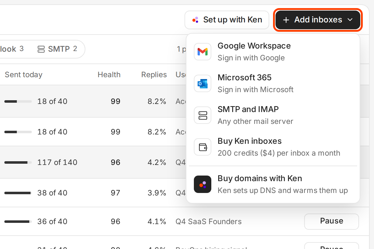 The Add inboxes menu open on Delivery, with the Add inboxes button outlined