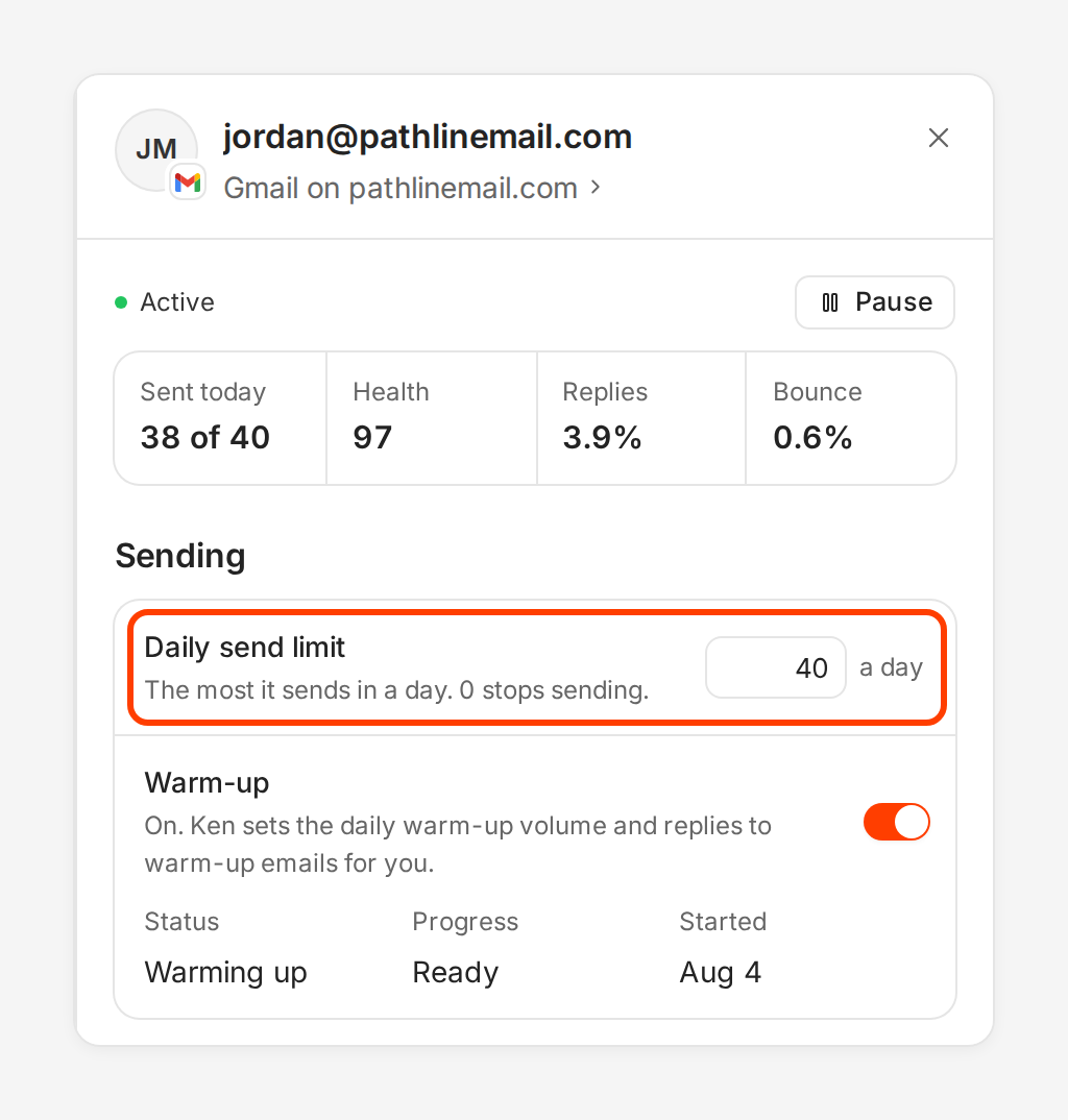 The side panel of an inbox with the Daily send limit row outlined
