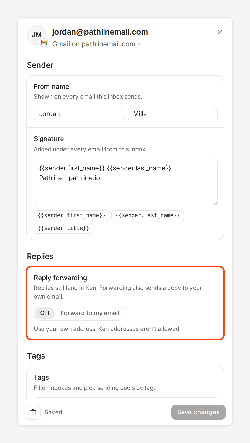 The Sender and Replies sections of an inbox's side panel, with Reply forwarding outlined