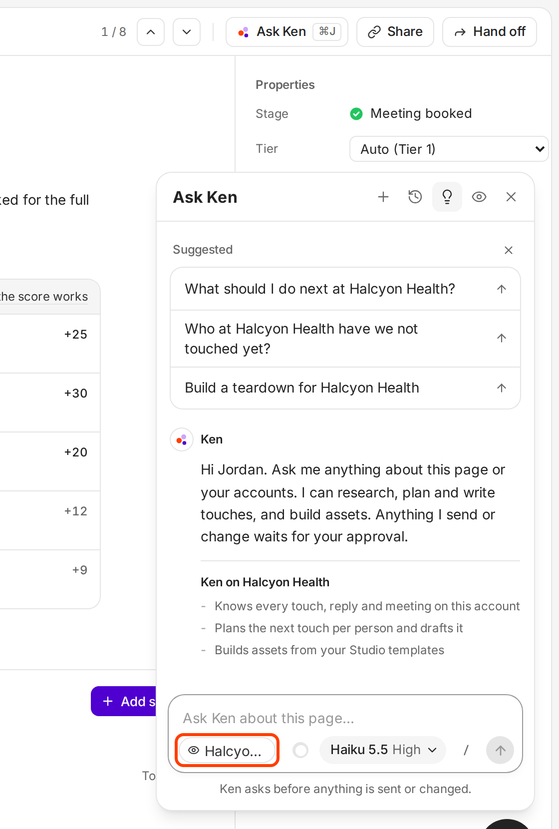 The Ken pane open beside the Halcyon Health account, with the page chip outlined inside the message box